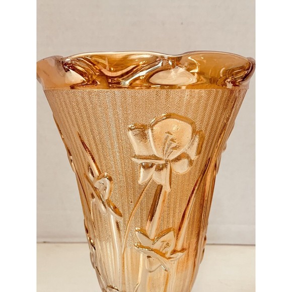 Jeanette Glass Iris & Herringbone Marigold Tall Footed Vase 9" Tall - Picture 2 of 6
